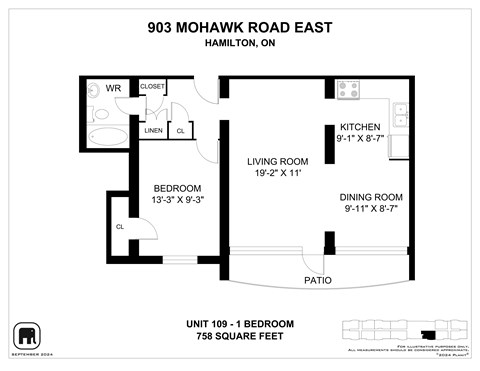 A floor plan for a 1 bedroom apartment at 903 Mohawk Road East, Hamilton, ON.